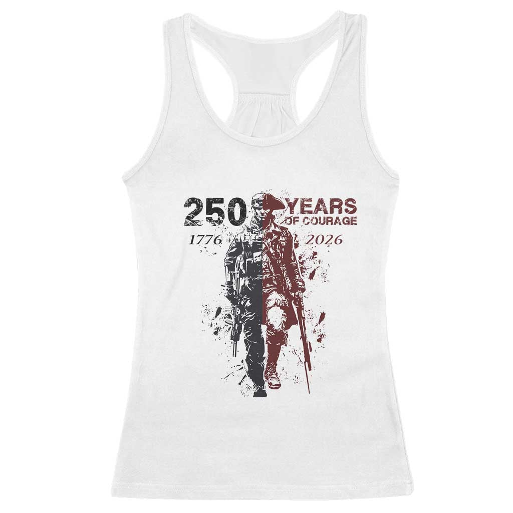 250 Years of Courage Commemorative Patriotic Soldier Racerback Tank Top American Revolution to Modern Military 1776 to 2026 Semiquincentennial