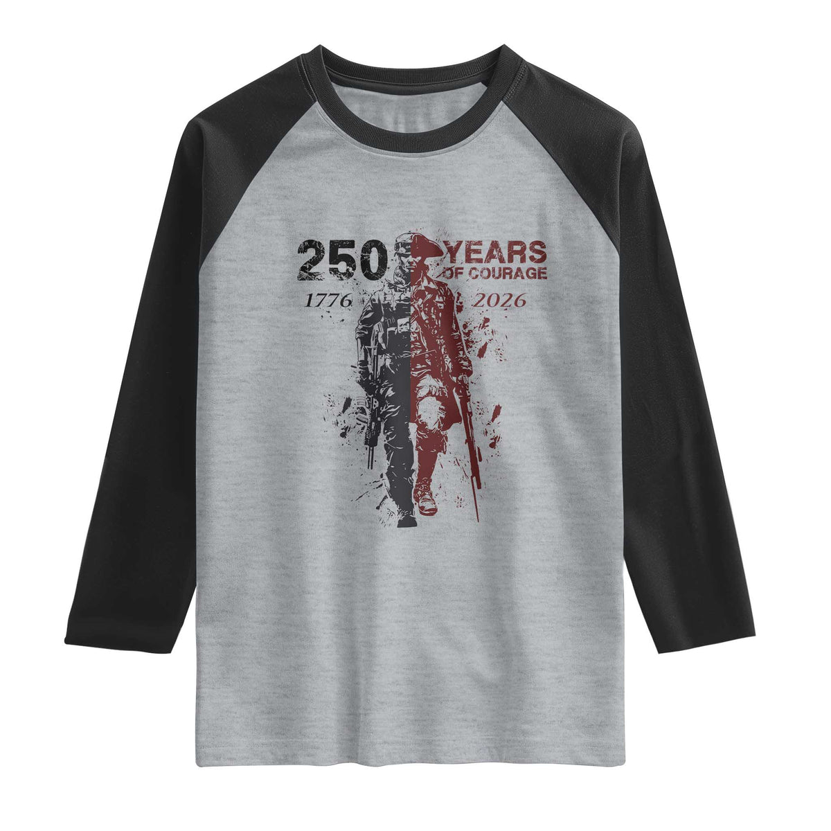 250 Years of Courage Commemorative Patriotic Soldier Raglan Shirt American Revolution to Modern Military 1776 to 2026 Semiquincentennial