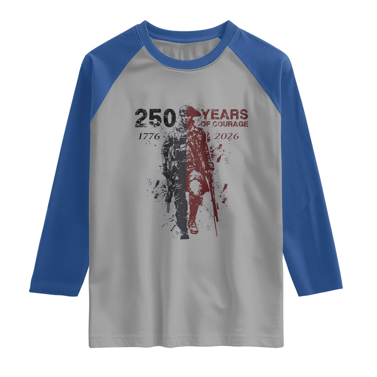250 Years of Courage Commemorative Patriotic Soldier Raglan Shirt American Revolution to Modern Military 1776 to 2026 Semiquincentennial
