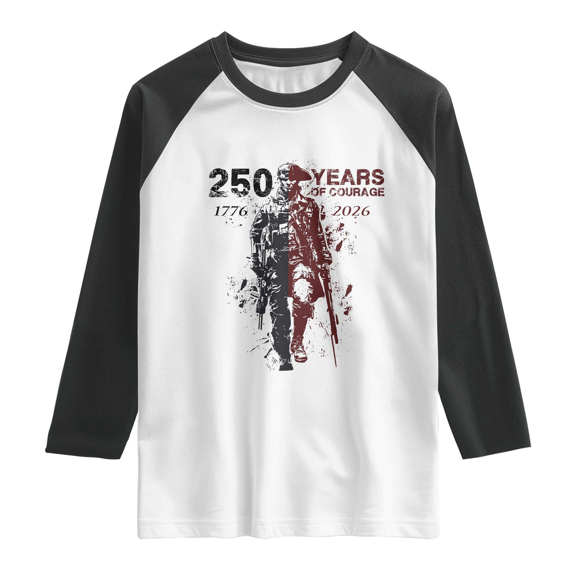 250 Years of Courage Commemorative Patriotic Soldier Raglan Shirt American Revolution to Modern Military 1776 to 2026 Semiquincentennial