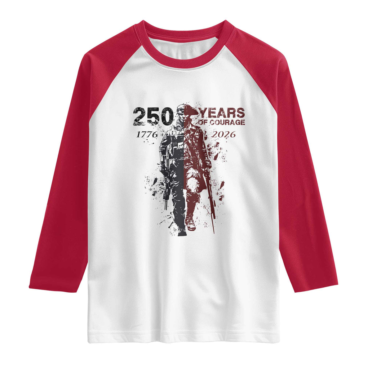 250 Years of Courage Commemorative Patriotic Soldier Raglan Shirt American Revolution to Modern Military 1776 to 2026 Semiquincentennial