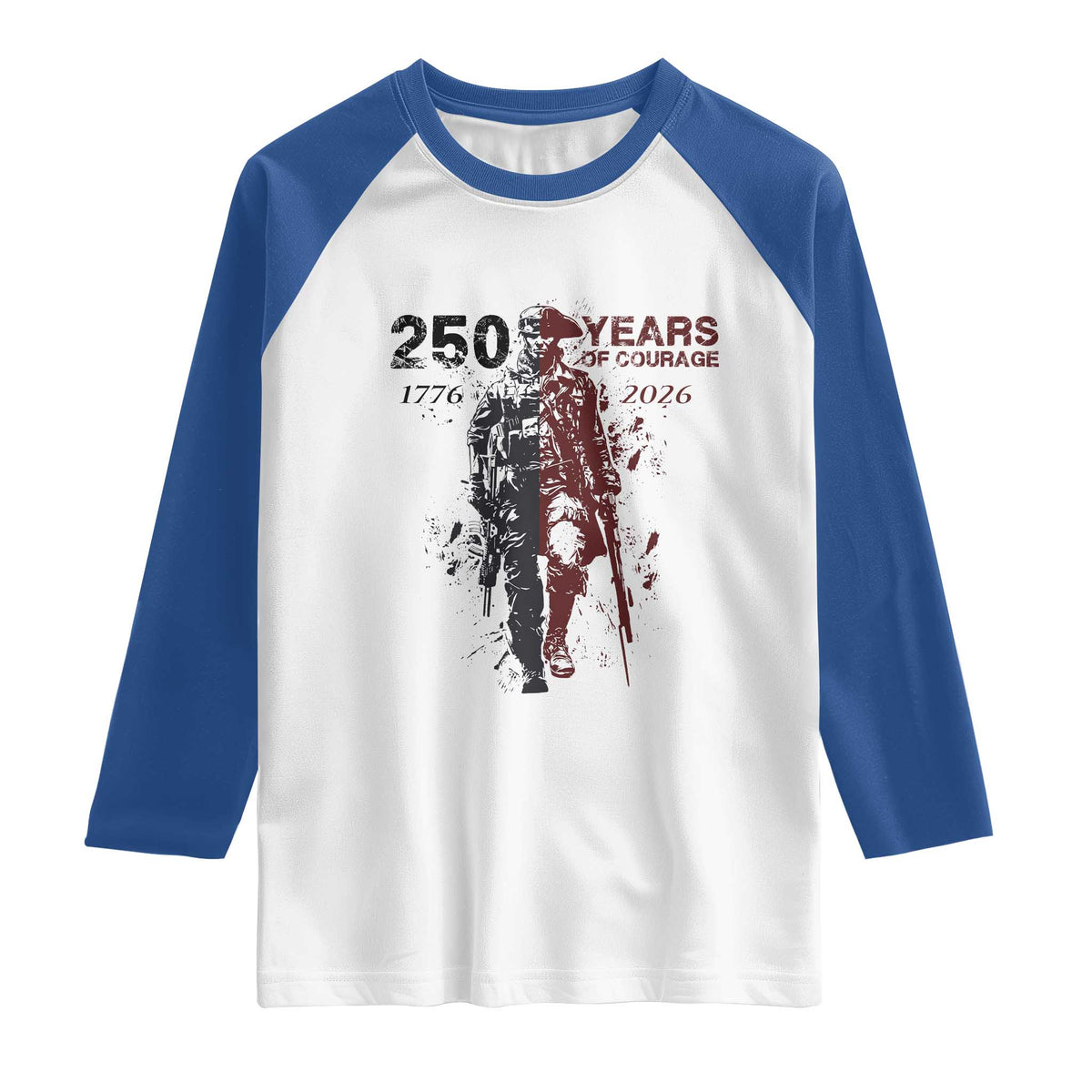 250 Years of Courage Commemorative Patriotic Soldier Raglan Shirt American Revolution to Modern Military 1776 to 2026 Semiquincentennial
