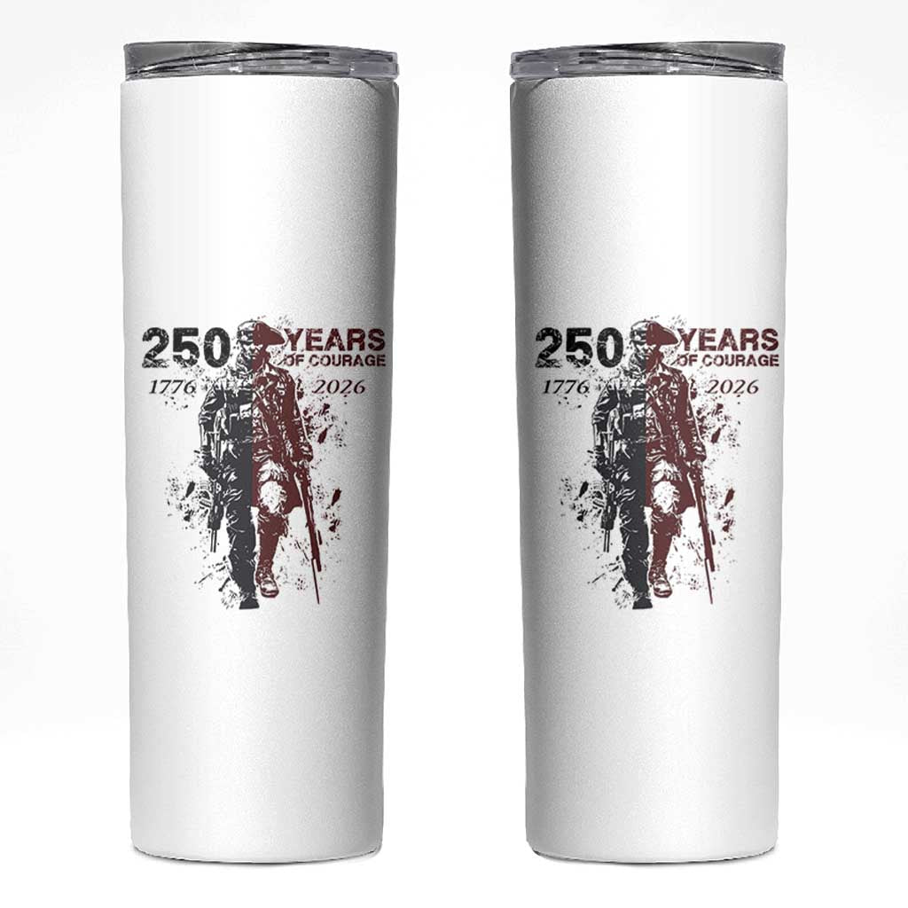 250 Years of Courage Commemorative Patriotic Soldier Skinny Tumbler American Revolution to Modern Military 1776 to 2026 Semiquincentennial