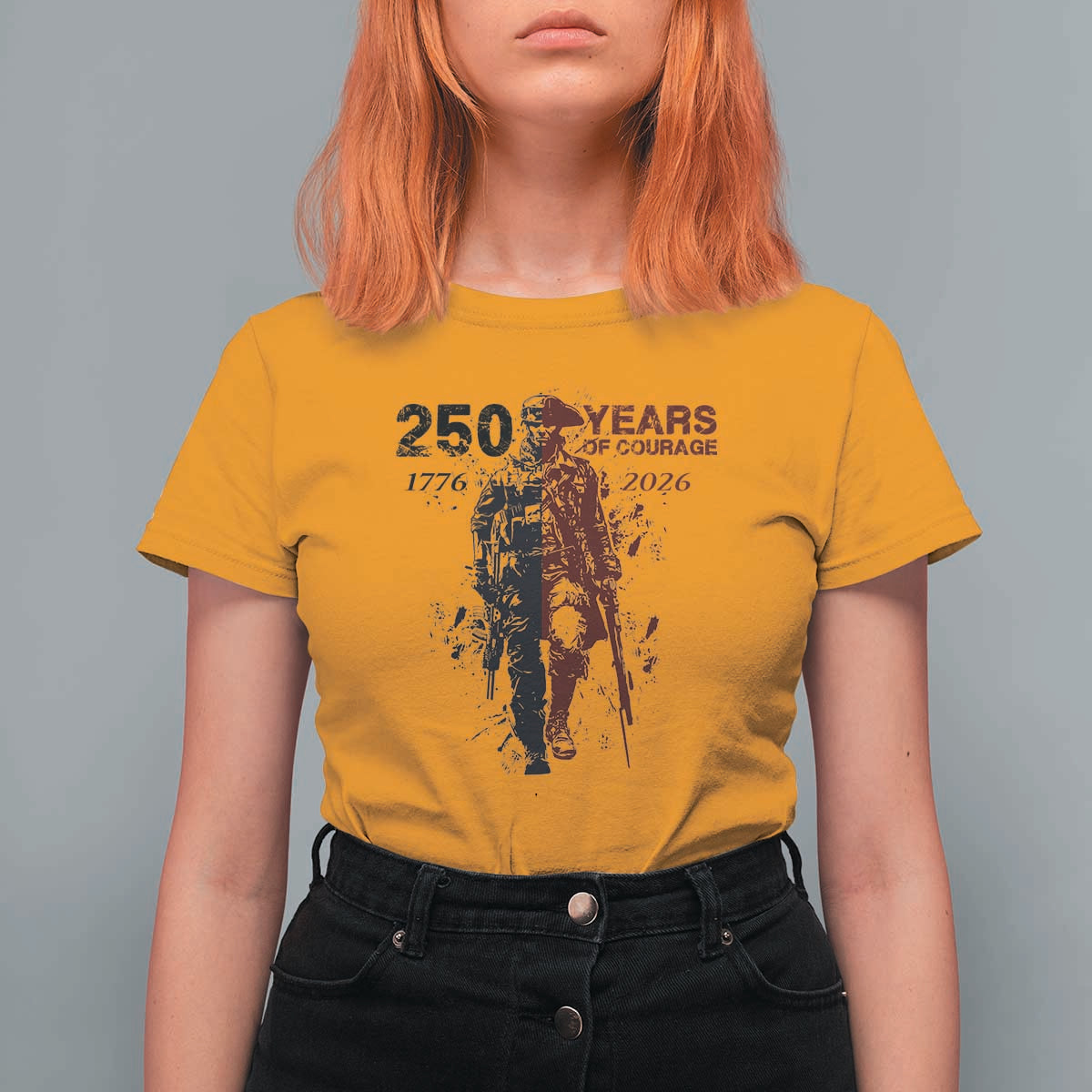250 Years of Courage Commemorative Patriotic Soldier T Shirt For Women American Revolution to Modern Military 1776 to 2026 Semiquincentennial