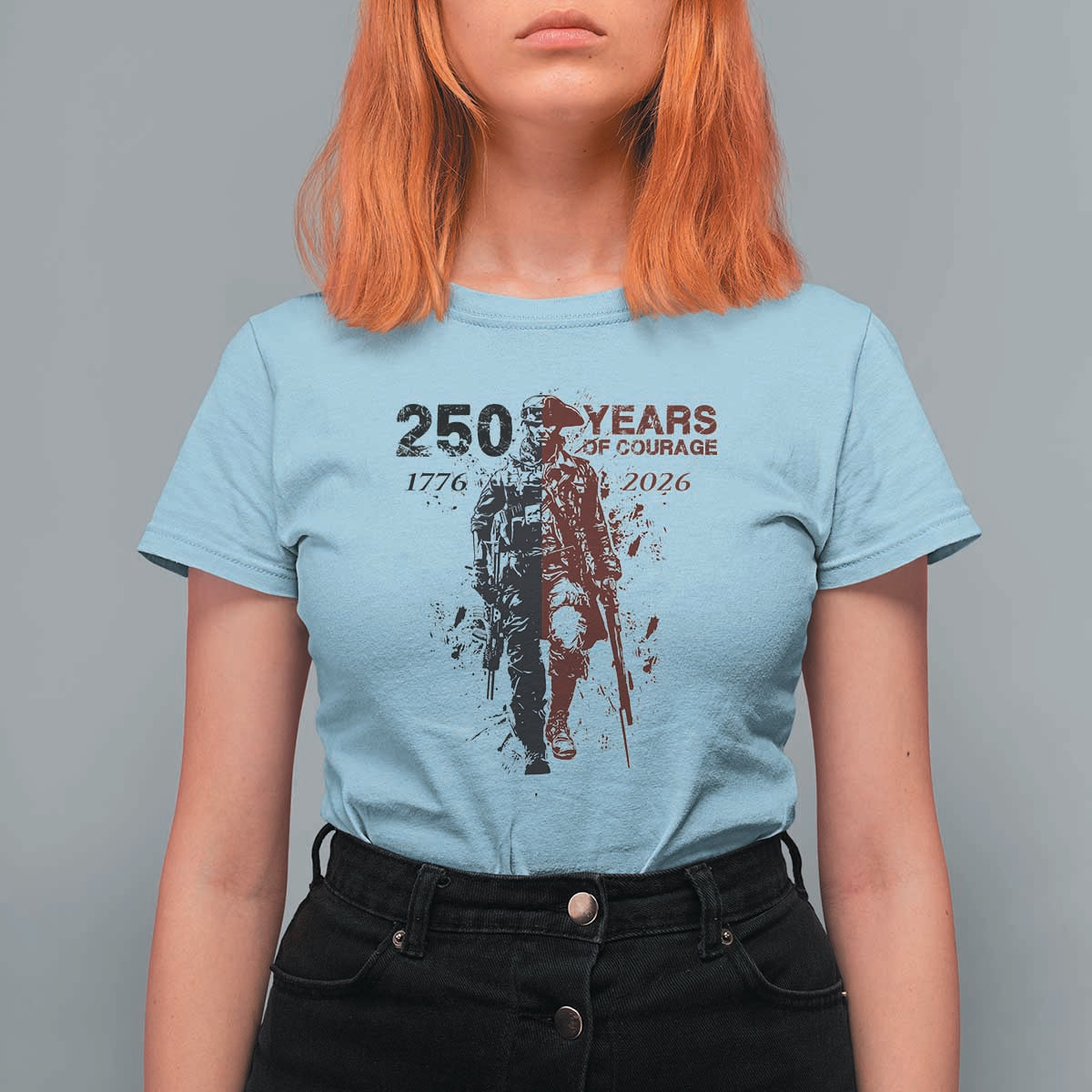 250 Years of Courage Commemorative Patriotic Soldier T Shirt For Women American Revolution to Modern Military 1776 to 2026 Semiquincentennial
