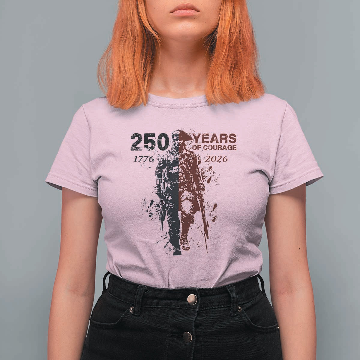 250 Years of Courage Commemorative Patriotic Soldier T Shirt For Women American Revolution to Modern Military 1776 to 2026 Semiquincentennial