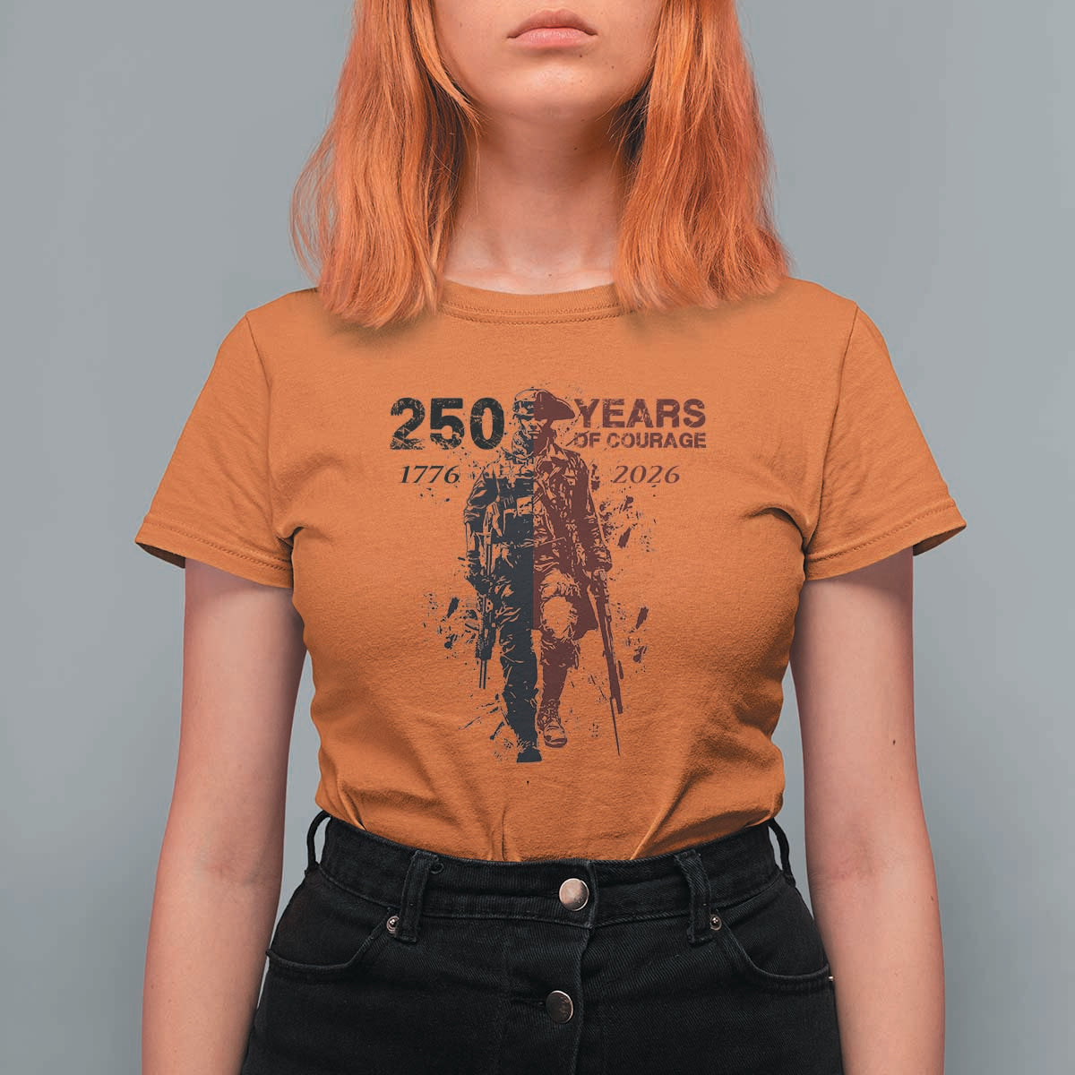 250 Years of Courage Commemorative Patriotic Soldier T Shirt For Women American Revolution to Modern Military 1776 to 2026 Semiquincentennial