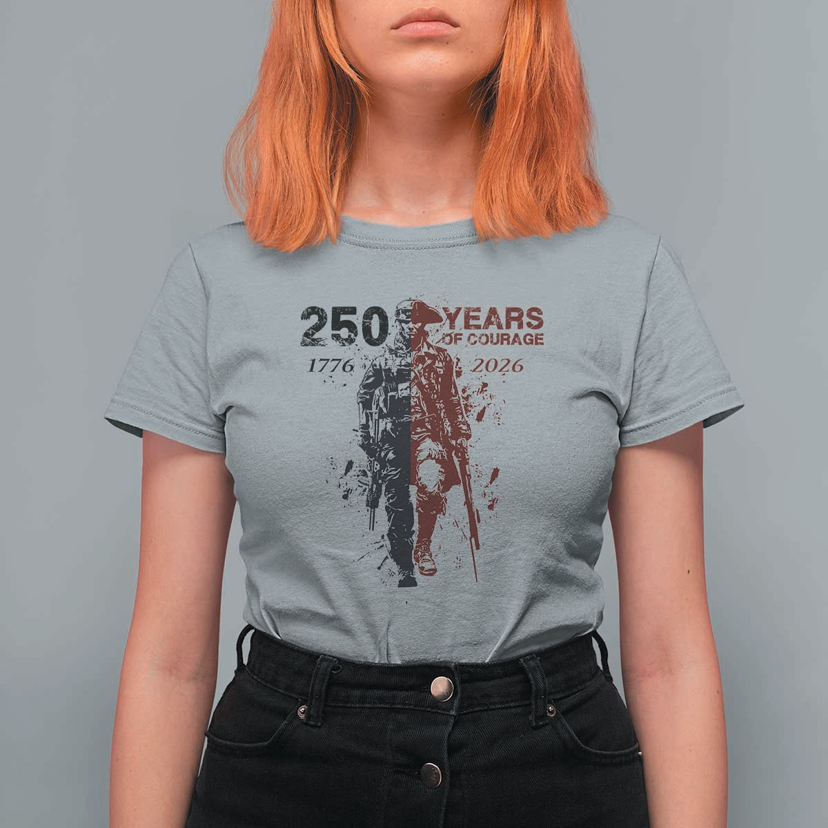 250 Years of Courage Commemorative Patriotic Soldier T Shirt For Women American Revolution to Modern Military 1776 to 2026 Semiquincentennial
