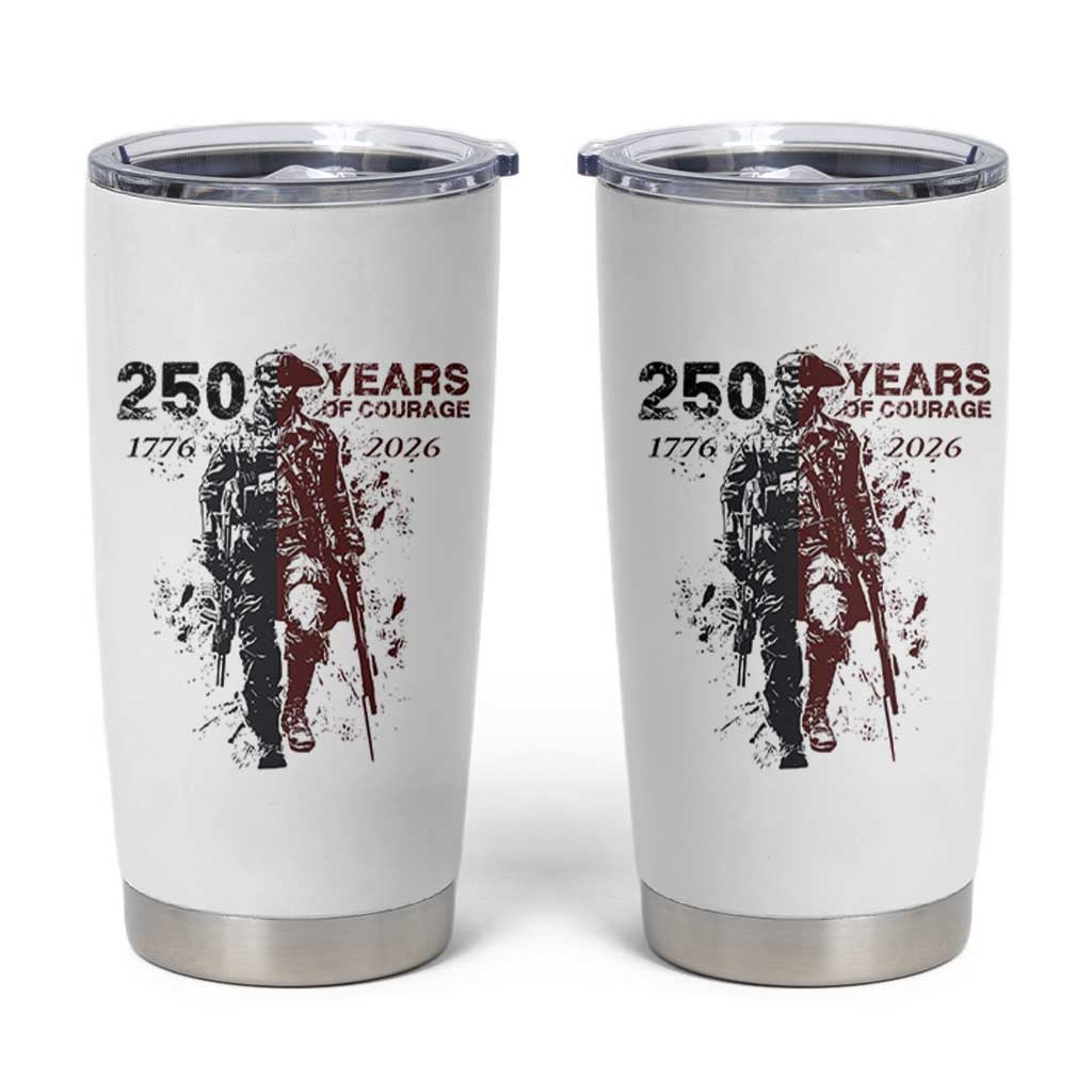 250 Years of Courage Commemorative Patriotic Soldier Tumbler Cup American Revolution to Modern Military 1776 to 2026 Semiquincentennial