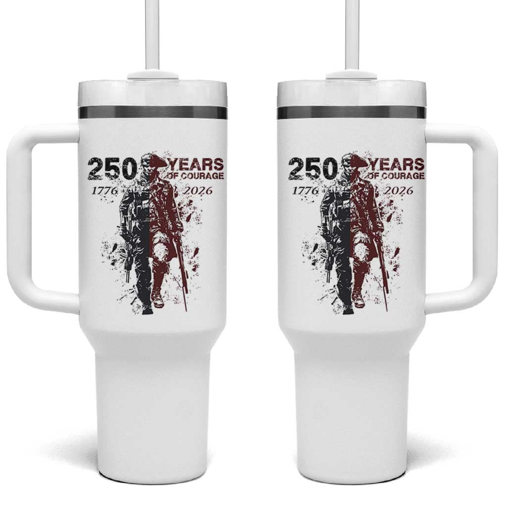 250 Years of Courage Commemorative Patriotic Soldier Tumbler With Handle American Revolution to Modern Military 1776 to 2026 Semiquincentennial