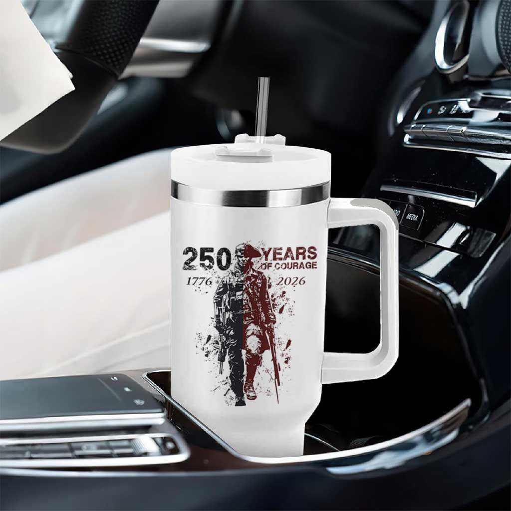 250 Years of Courage Commemorative Patriotic Soldier Tumbler With Handle American Revolution to Modern Military 1776 to 2026 Semiquincentennial