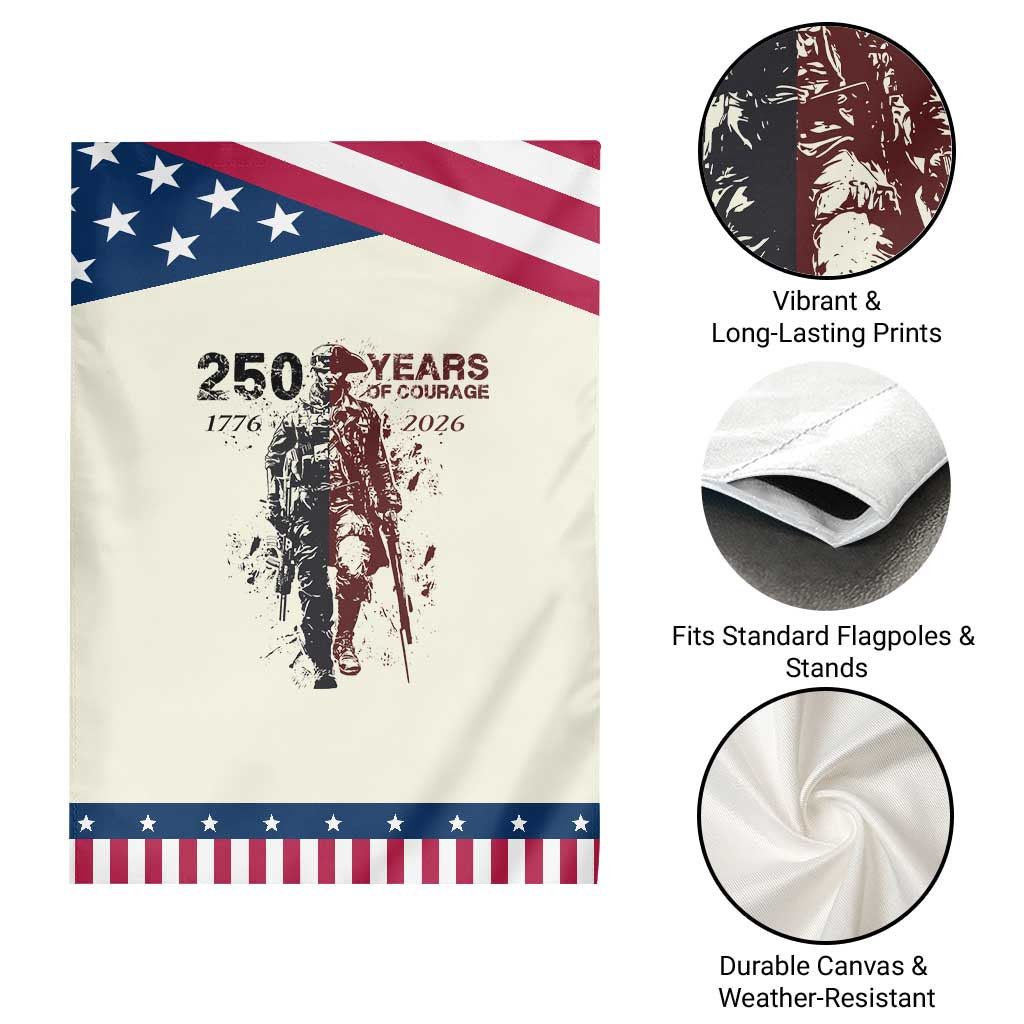 250 Years of Courage Commemorative Soldier Patriotic Garden Flag American Revolution to Modern Military 1776 to 2026 Semiquincentennial