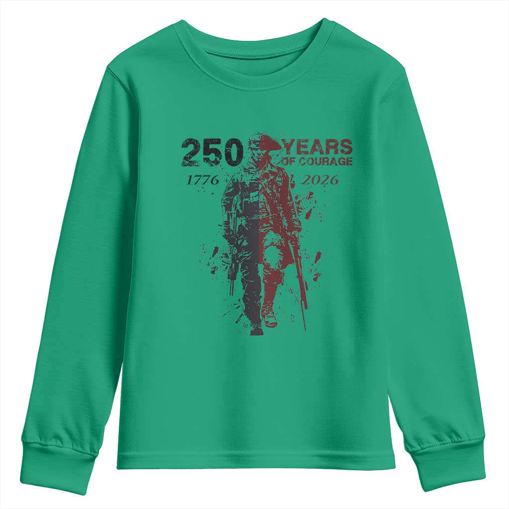 250 Years of Courage Commemorative Patriotic Soldier Youth Sweatshirt American Revolution to Modern Military 1776 to 2026 Semiquincentennial