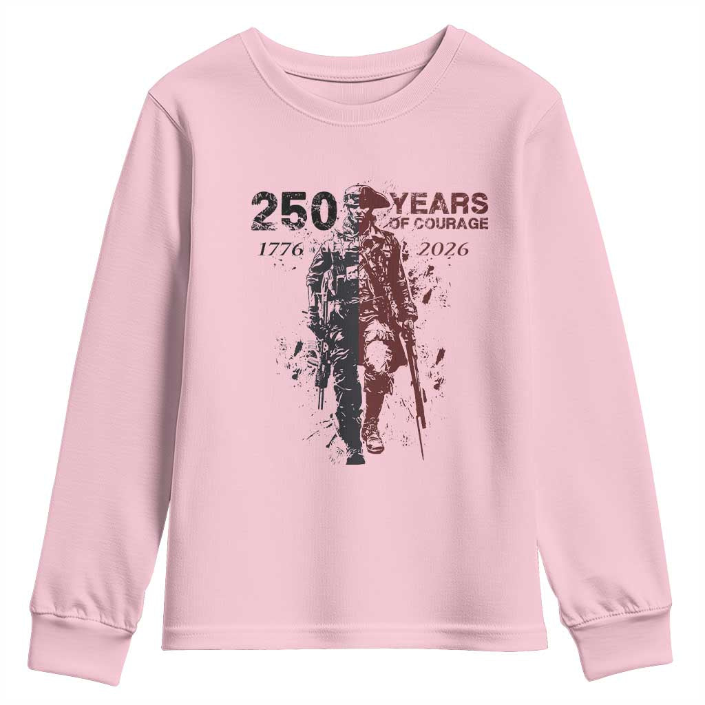 250 Years of Courage Commemorative Patriotic Soldier Youth Sweatshirt American Revolution to Modern Military 1776 to 2026 Semiquincentennial