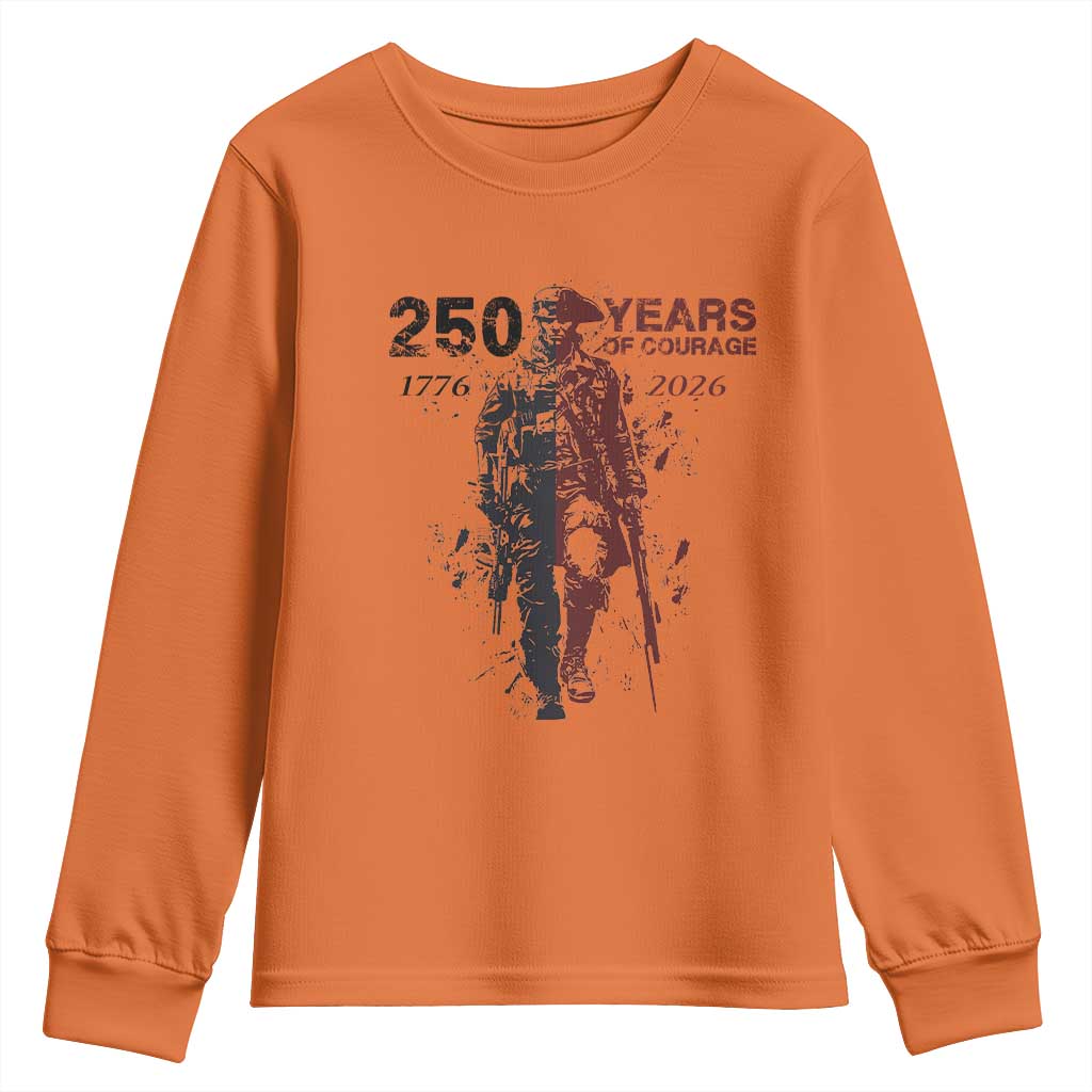 250 Years of Courage Commemorative Patriotic Soldier Youth Sweatshirt American Revolution to Modern Military 1776 to 2026 Semiquincentennial