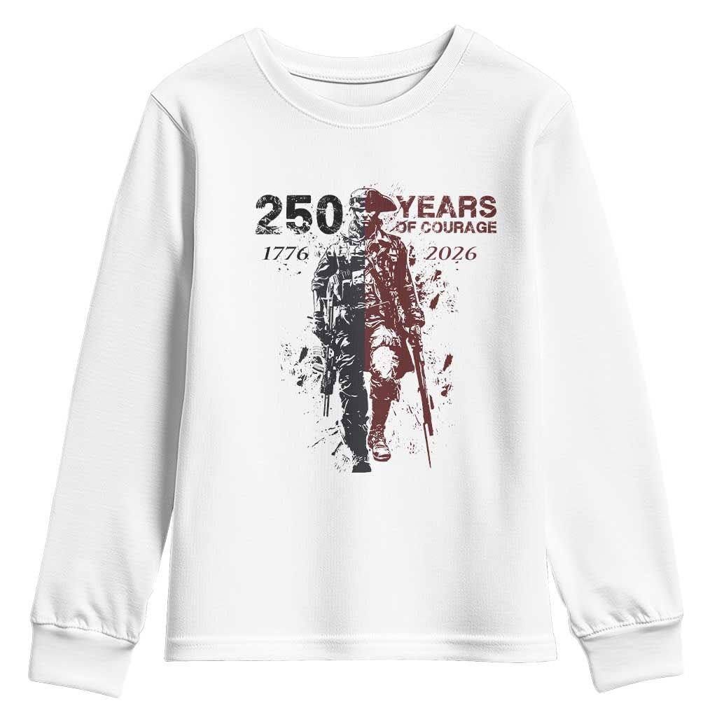 250 Years of Courage Commemorative Patriotic Soldier Youth Sweatshirt American Revolution to Modern Military 1776 to 2026 Semiquincentennial