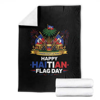 Happy Haitian Flag Day May 18 Heritage Celebration Throw Blanket L'Union Fait La Force Coat Of Arms Fireworks