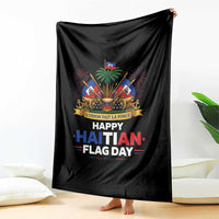 Happy Haitian Flag Day May 18 Heritage Celebration Throw Blanket L'Union Fait La Force Coat Of Arms Fireworks