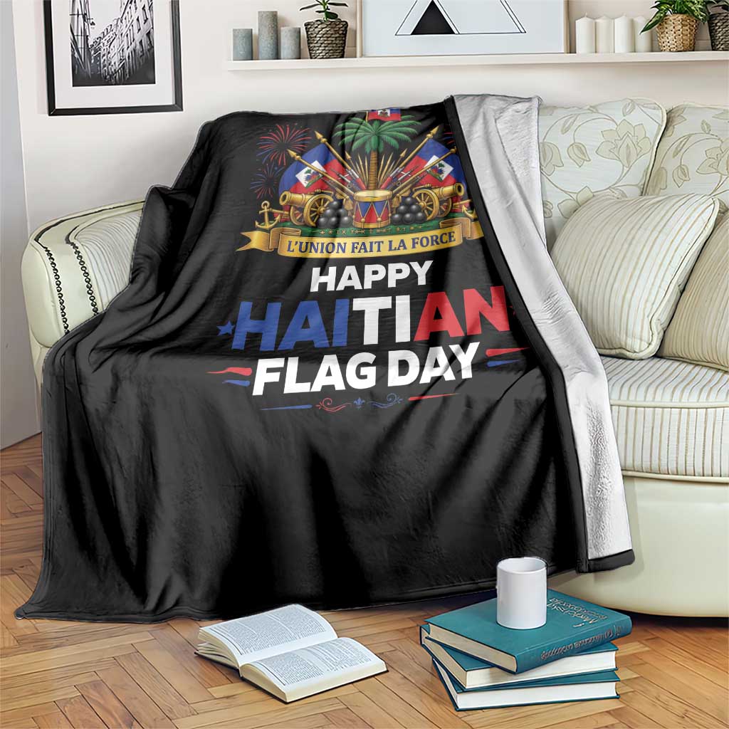 Happy Haitian Flag Day May 18 Heritage Celebration Throw Blanket L'Union Fait La Force Coat Of Arms Fireworks