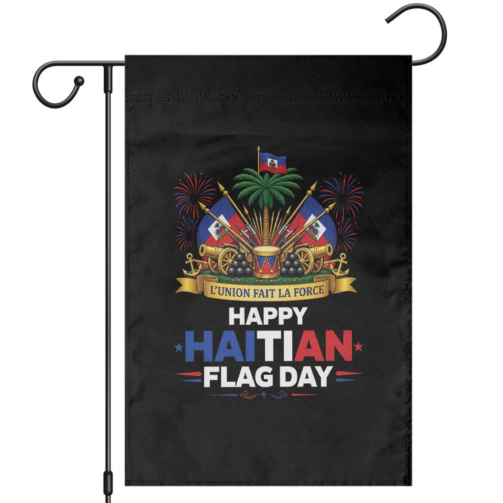 Happy Haitian Flag Day May 18 Heritage Celebration Garden Flag L'Union Fait La Force Coat Of Arms Fireworks