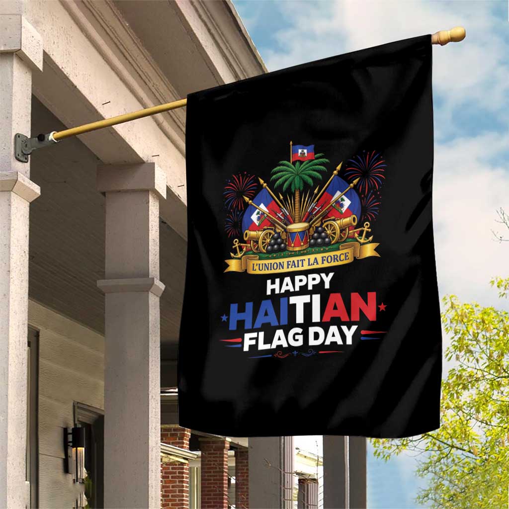 Happy Haitian Flag Day May 18 Heritage Celebration Garden Flag L'Union Fait La Force Coat Of Arms Fireworks
