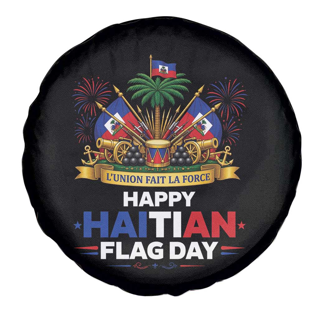 Happy Haitian Flag Day May 18 Heritage Celebration Spare Tire Cover L'Union Fait La Force Coat Of Arms Fireworks