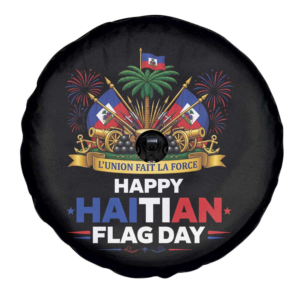 Happy Haitian Flag Day May 18 Heritage Celebration Spare Tire Cover L'Union Fait La Force Coat Of Arms Fireworks