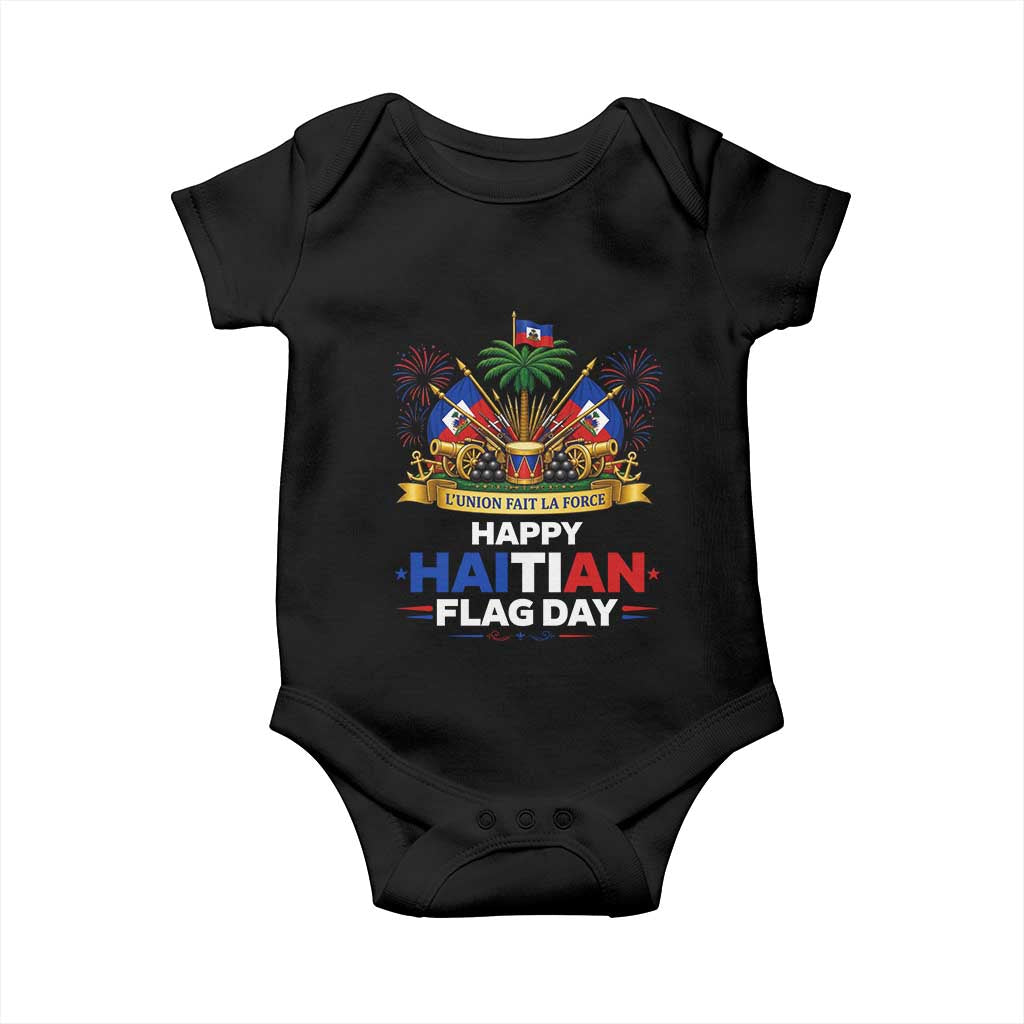 Happy Haitian Flag Day May 18 Heritage Celebration Baby Onesie L'Union Fait La Force Coat Of Arms Fireworks
