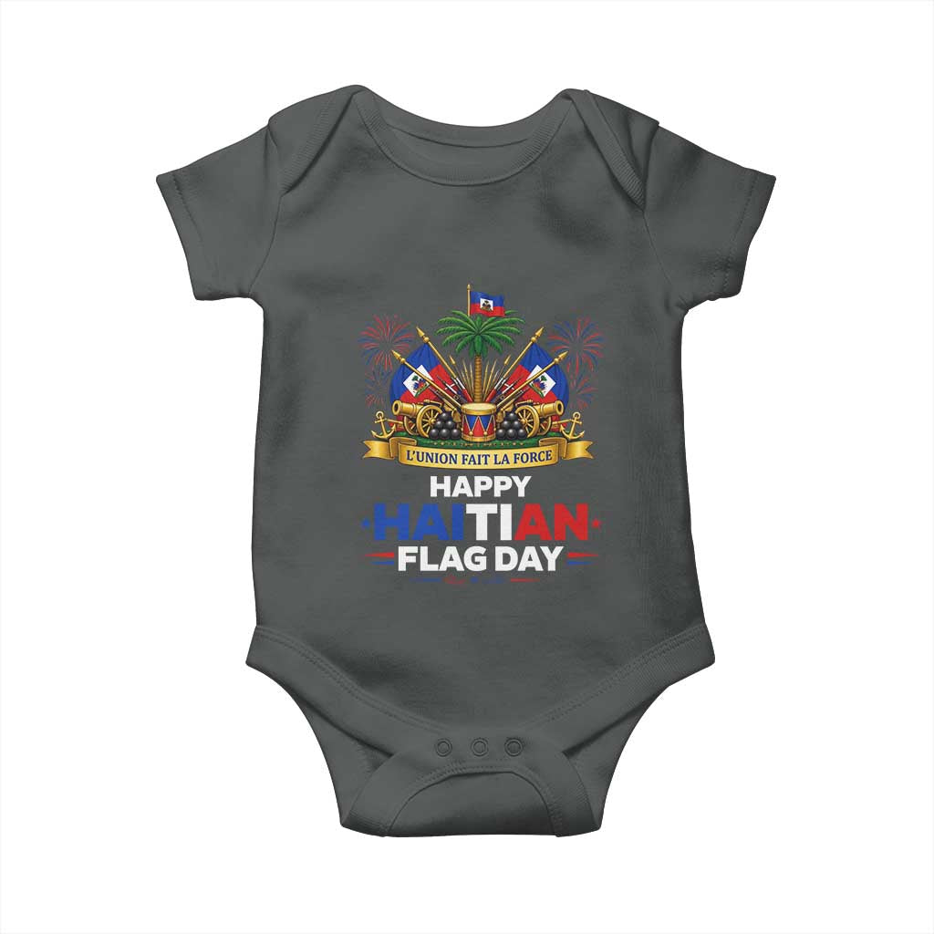 Happy Haitian Flag Day May 18 Heritage Celebration Baby Onesie L'Union Fait La Force Coat Of Arms Fireworks