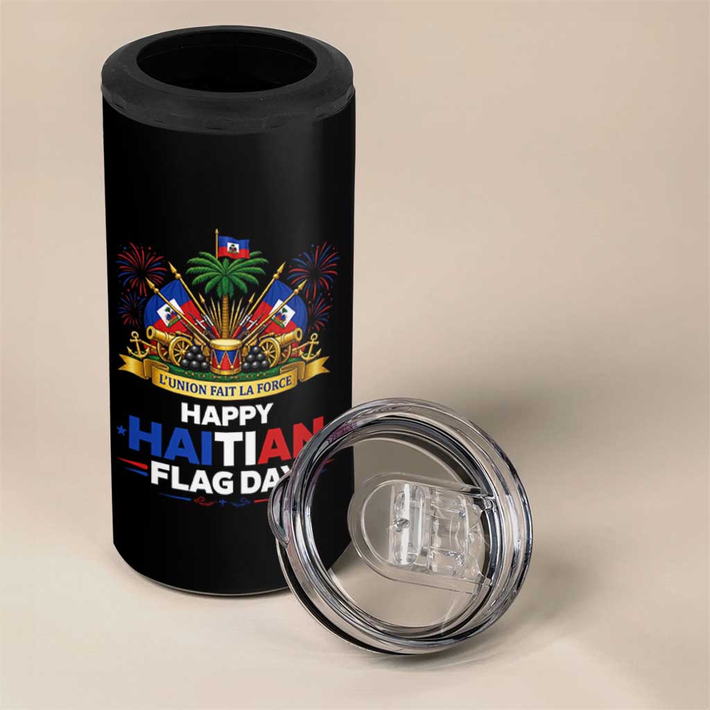 Happy Haitian Flag Day May 18 Heritage Celebration 4 in 1 Can Cooler Tumbler L'Union Fait La Force Coat Of Arms Fireworks