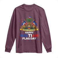 Happy Haitian Flag Day May 18 Heritage Celebration Long Sleeve Shirt L'Union Fait La Force Coat Of Arms Fireworks
