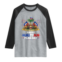 Happy Haitian Flag Day May 18 Heritage Celebration Raglan Shirt L'Union Fait La Force Coat Of Arms Fireworks