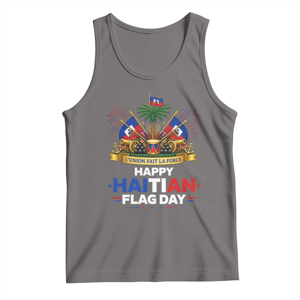 Happy Haitian Flag Day May 18 Heritage Celebration Tank Top L'Union Fait La Force Coat Of Arms Fireworks