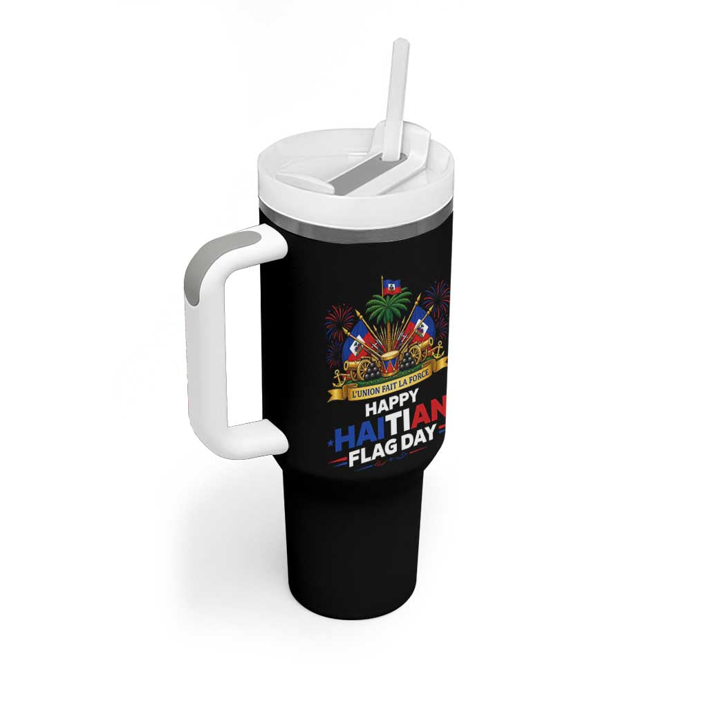 Happy Haitian Flag Day May 18 Heritage Celebration Tumbler With Handle L'Union Fait La Force Coat Of Arms Fireworks
