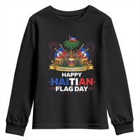 Happy Haitian Flag Day May 18 Heritage Celebration Youth Sweatshirt L'Union Fait La Force Coat Of Arms Fireworks