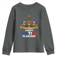 Happy Haitian Flag Day May 18 Heritage Celebration Youth Sweatshirt L'Union Fait La Force Coat Of Arms Fireworks