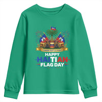 Happy Haitian Flag Day May 18 Heritage Celebration Youth Sweatshirt L'Union Fait La Force Coat Of Arms Fireworks
