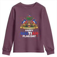 Happy Haitian Flag Day May 18 Heritage Celebration Youth Sweatshirt L'Union Fait La Force Coat Of Arms Fireworks