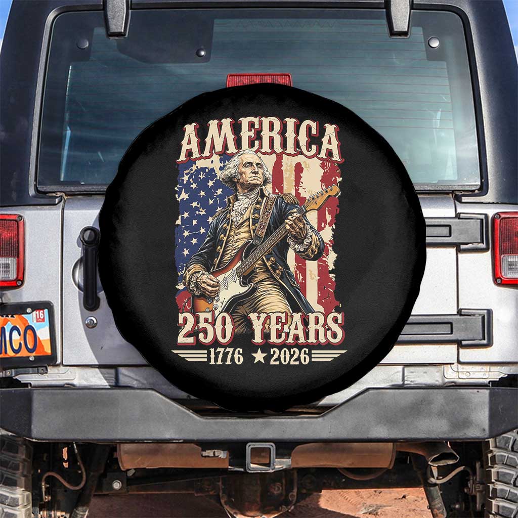 America 250 Years George Washington Rock Star Spare Tire Cover Funny Electric Guitar Player Vintage American Flag 1776 to 2026 Semiquincentennial