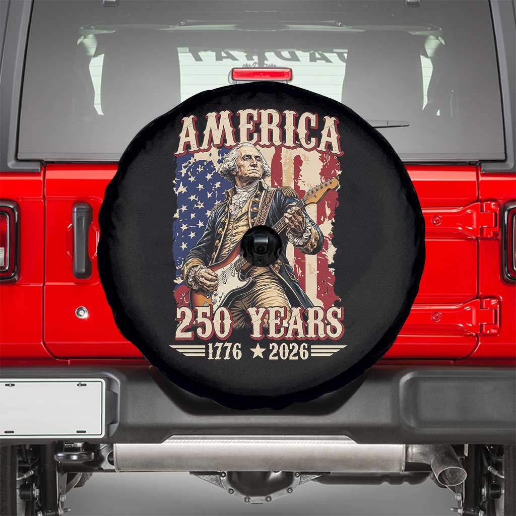 America 250 Years George Washington Rock Star Spare Tire Cover Funny Electric Guitar Player Vintage American Flag 1776 to 2026 Semiquincentennial