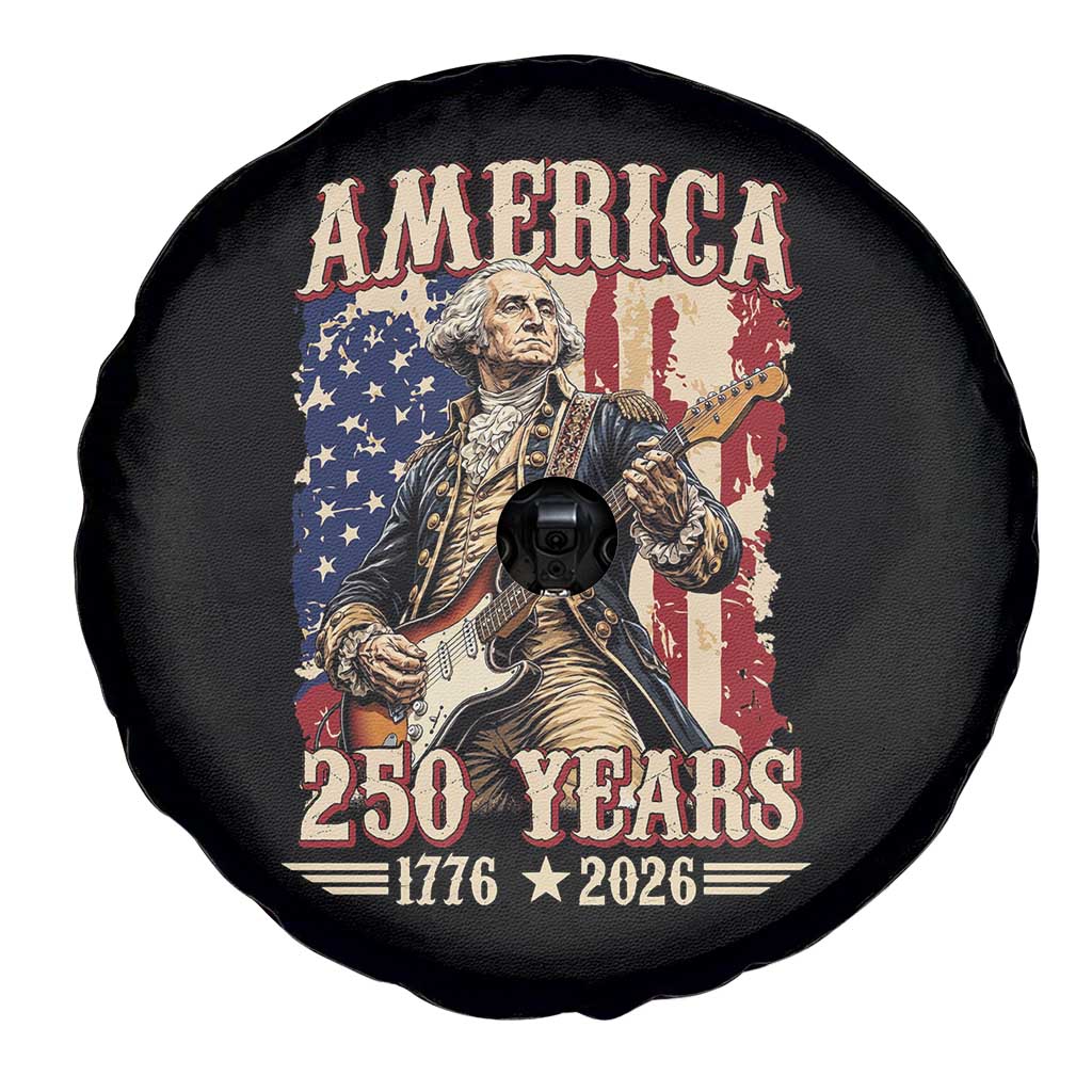 America 250 Years George Washington Rock Star Spare Tire Cover Funny Electric Guitar Player Vintage American Flag 1776 to 2026 Semiquincentennial