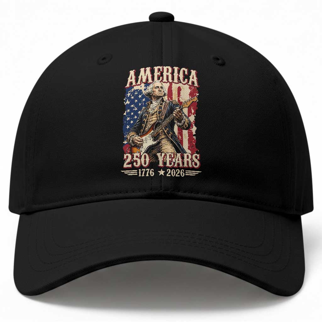 America 250 Years George Washington Rock Star Baseball Cap Funny Electric Guitar Player Vintage American Flag 1776 to 2026 Semiquincentennial