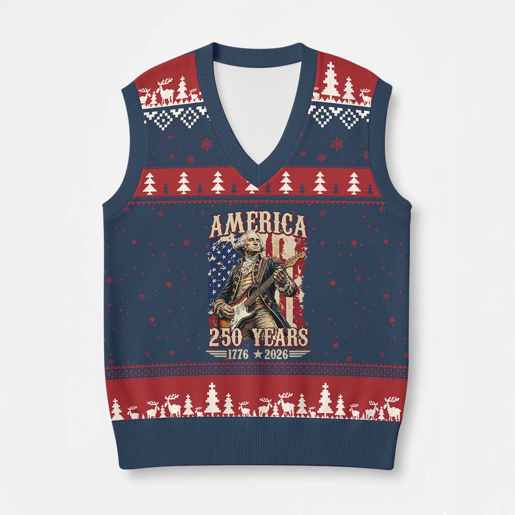 America 250 Years George Washington Rock Star V-Neck Knit Sweater Vest Funny Electric Guitar Player Vintage American Flag 1776 to 2026 Semiquincentennial