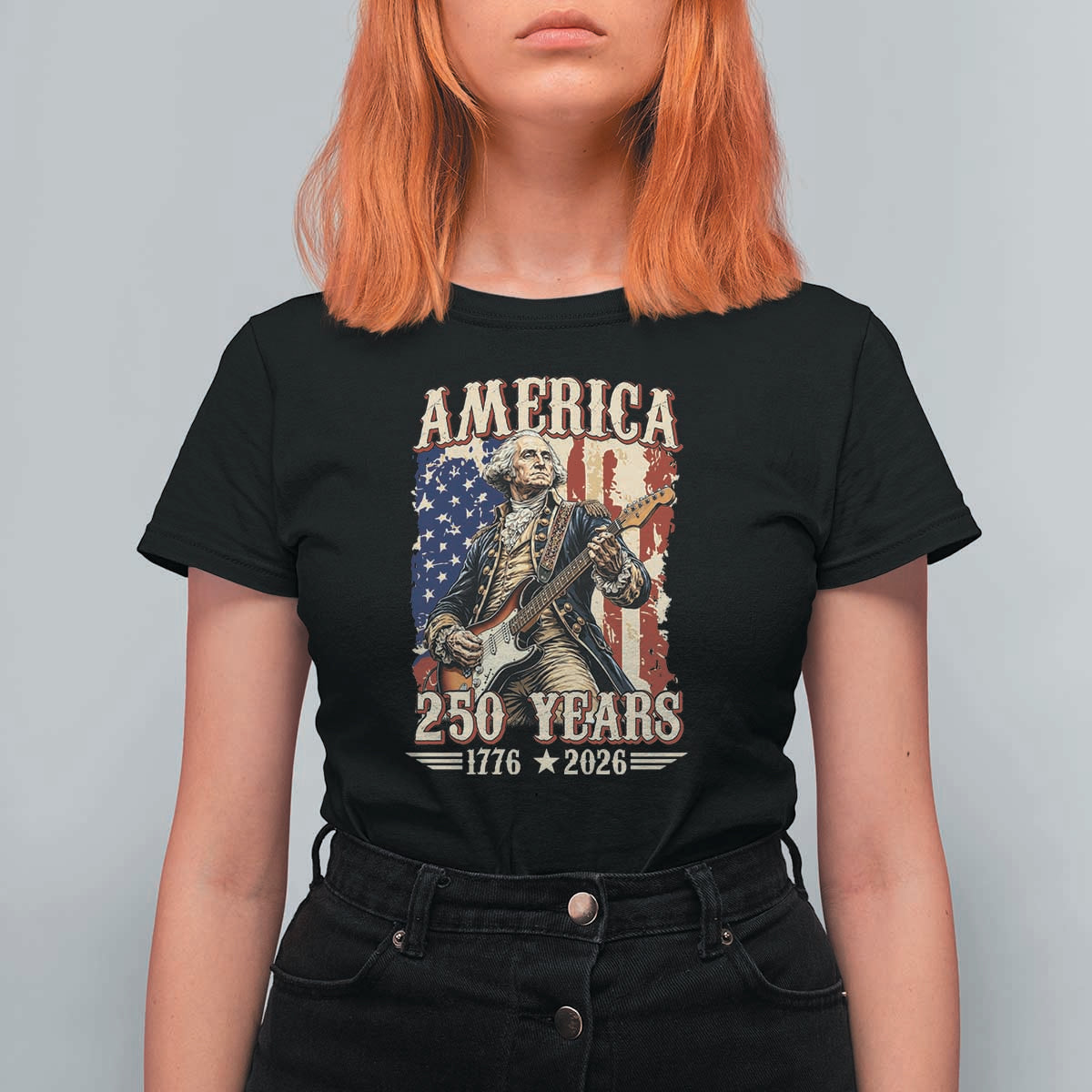 America 250 Years George Washington Rock Star T Shirt For Women Funny Electric Guitar Player Vintage American Flag 1776 to 2026 Semiquincentennial