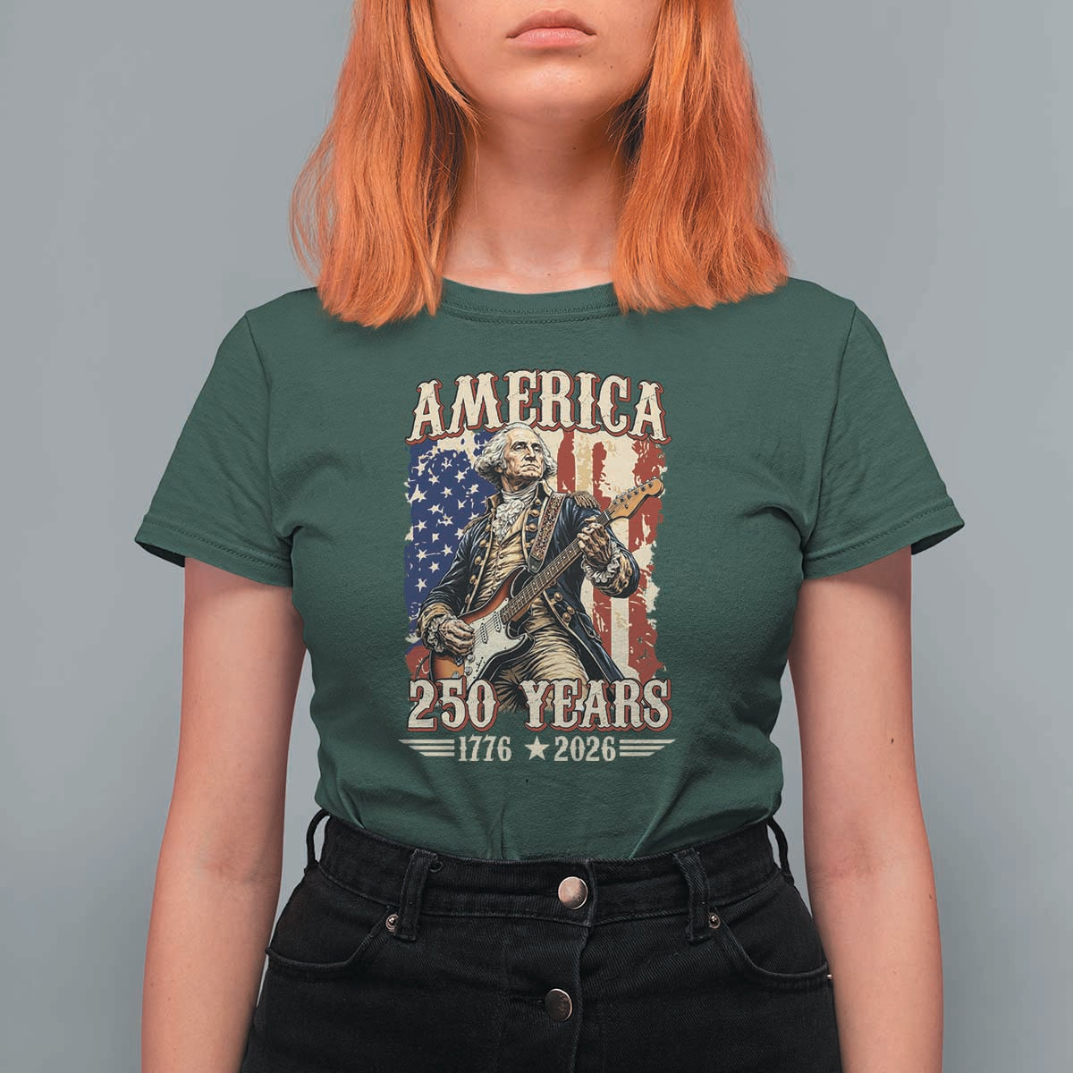 America 250 Years George Washington Rock Star T Shirt For Women Funny Electric Guitar Player Vintage American Flag 1776 to 2026 Semiquincentennial