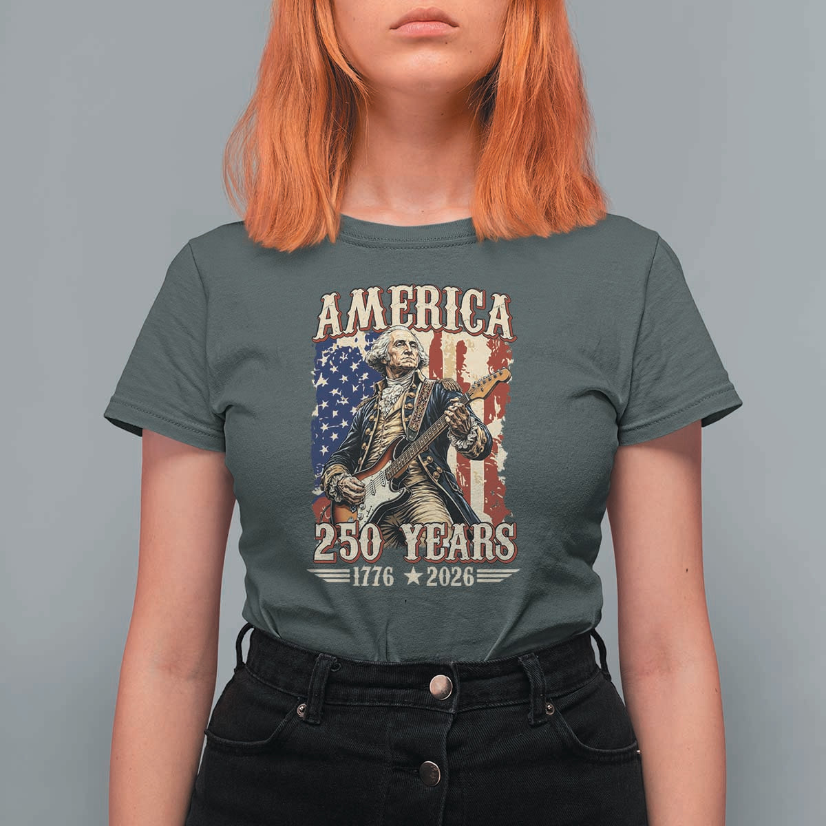 America 250 Years George Washington Rock Star T Shirt For Women Funny Electric Guitar Player Vintage American Flag 1776 to 2026 Semiquincentennial
