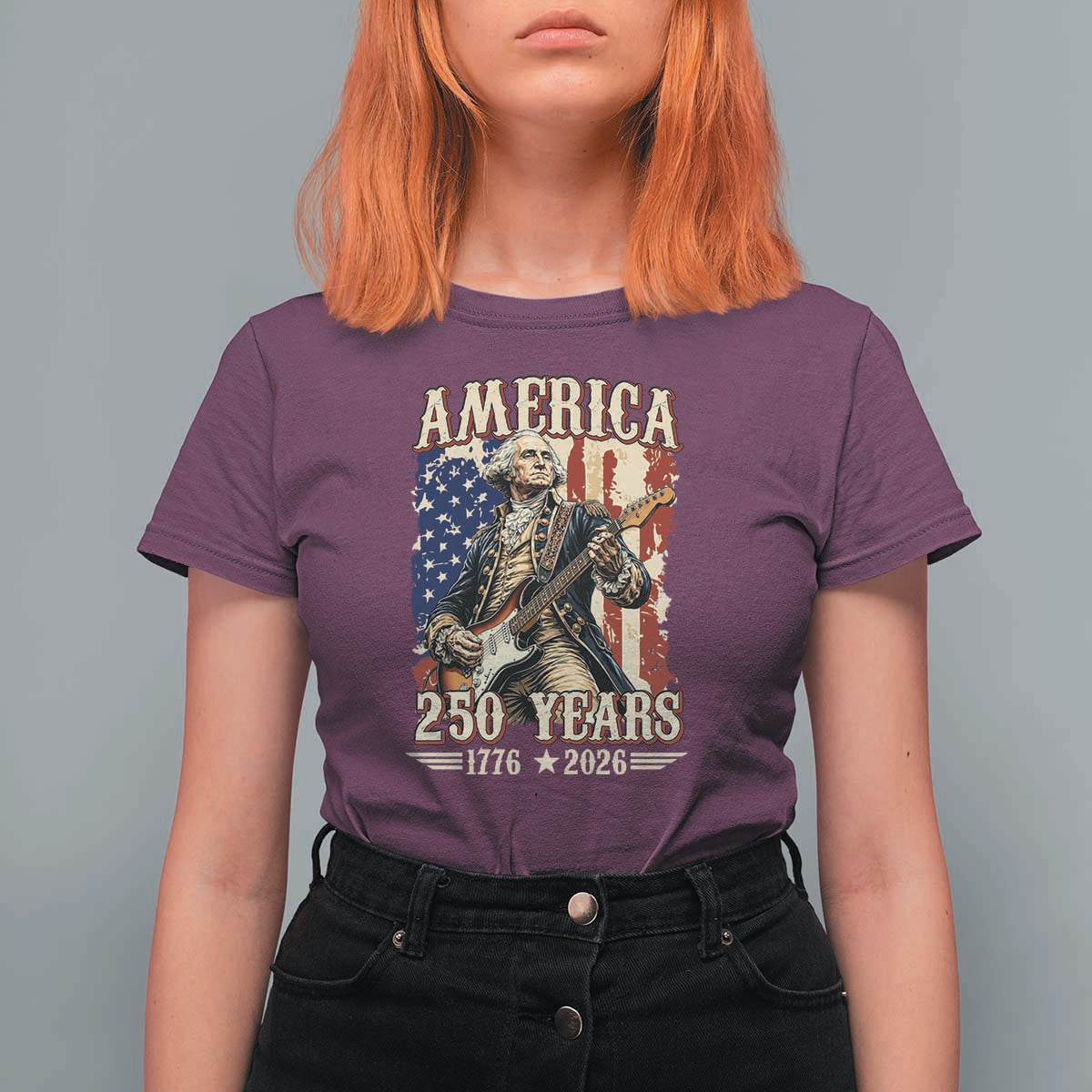 America 250 Years George Washington Rock Star T Shirt For Women Funny Electric Guitar Player Vintage American Flag 1776 to 2026 Semiquincentennial