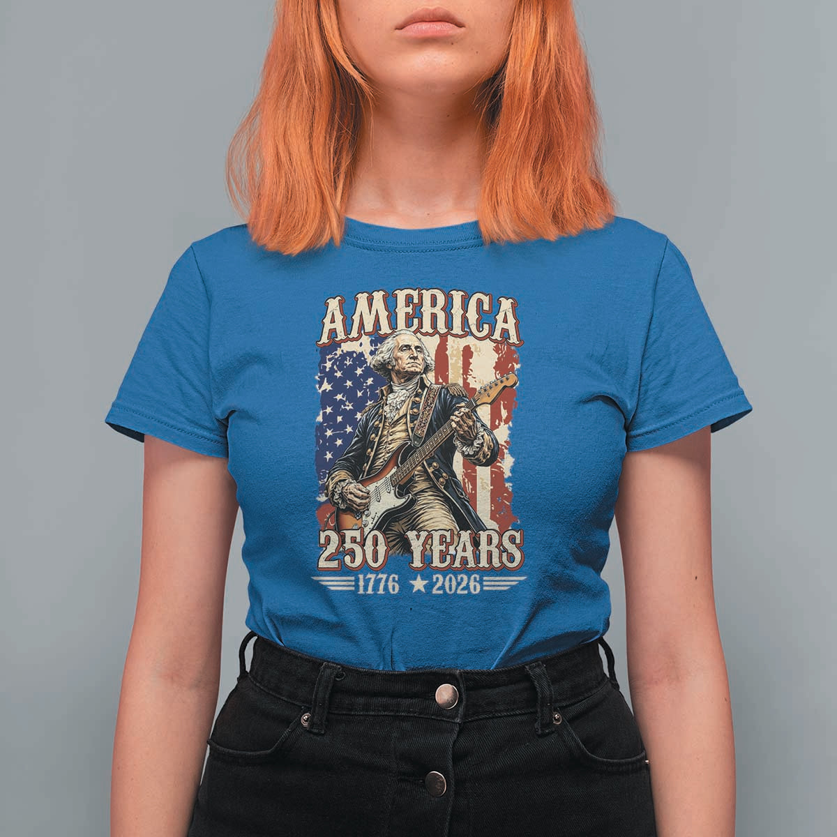 America 250 Years George Washington Rock Star T Shirt For Women Funny Electric Guitar Player Vintage American Flag 1776 to 2026 Semiquincentennial