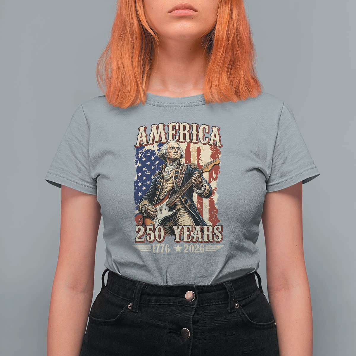 America 250 Years George Washington Rock Star T Shirt For Women Funny Electric Guitar Player Vintage American Flag 1776 to 2026 Semiquincentennial