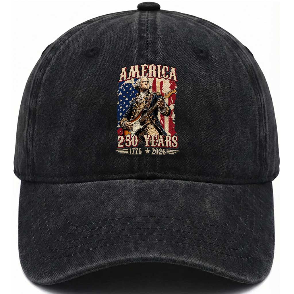 America 250 Years George Washington Rock Star Washed Cotton Baseball Cap Funny Electric Guitar Player Vintage American Flag 1776 to 2026 Semiquincentennial